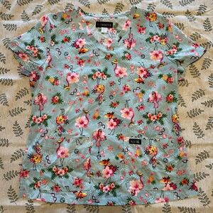 Koi Women's Summer Print Scrub Top - Green / Light Blue